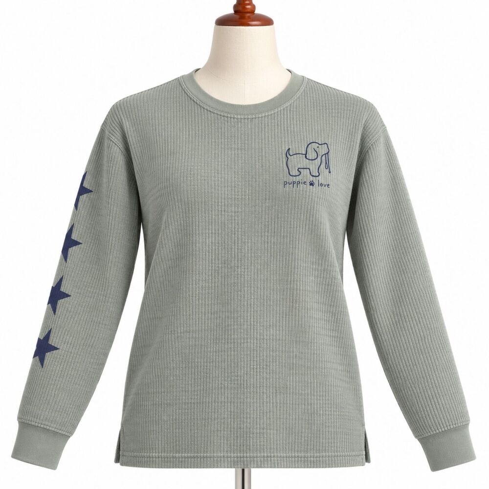 Puppie Love Starry Corduroy Crewneck Sweater Gray Women's L Live Oak Brand